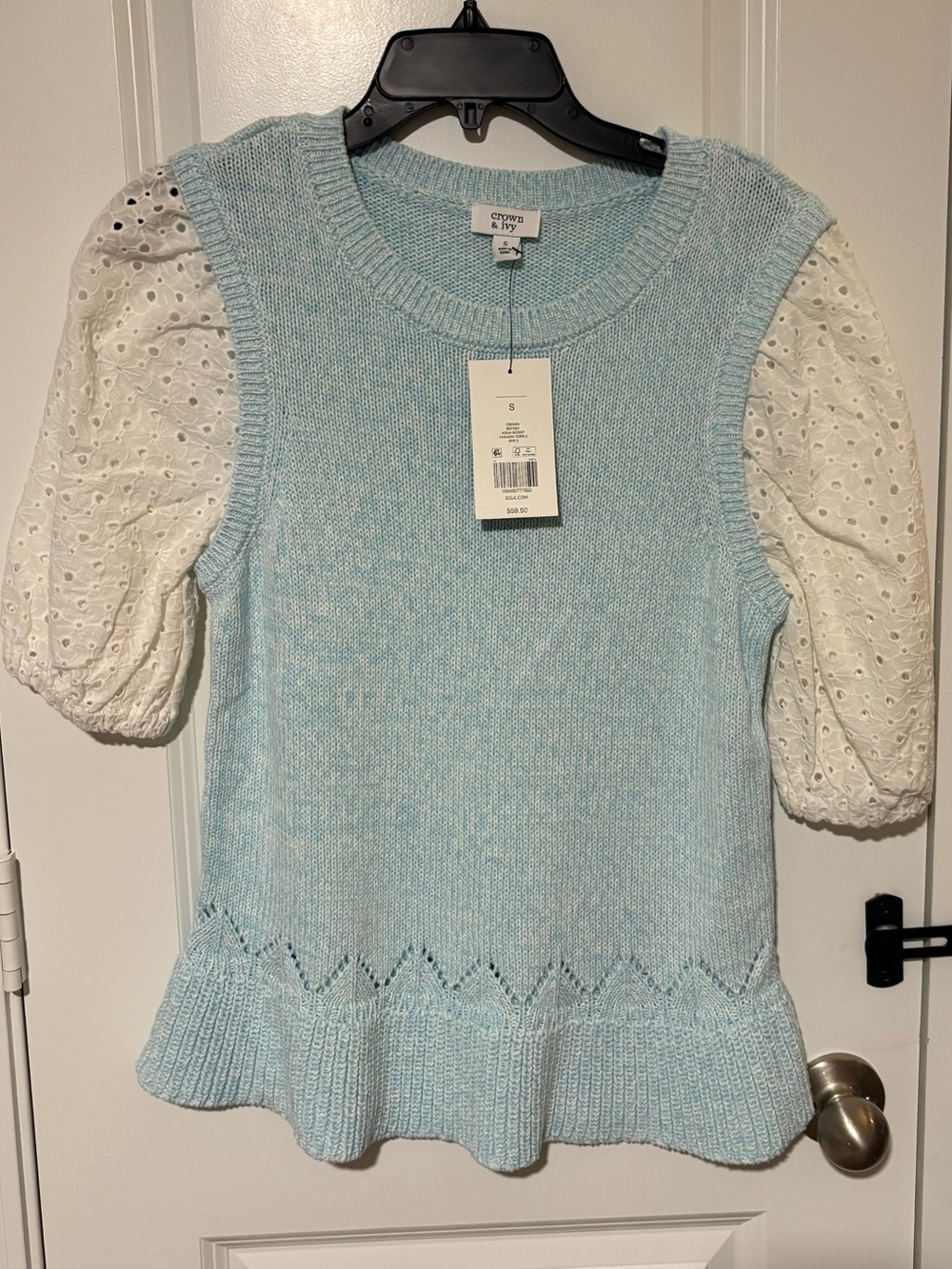 NWT Crown & Ivy Light Blue Puff Sleeve Peplum Top Size S